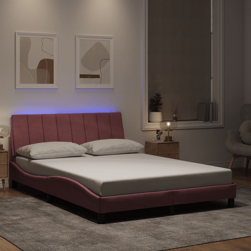 Bedframe met LED zonder matras "Hanko" fluweel roze 140x200 cm is nu te koop bij PeponiXL, paradijselijk wonen!