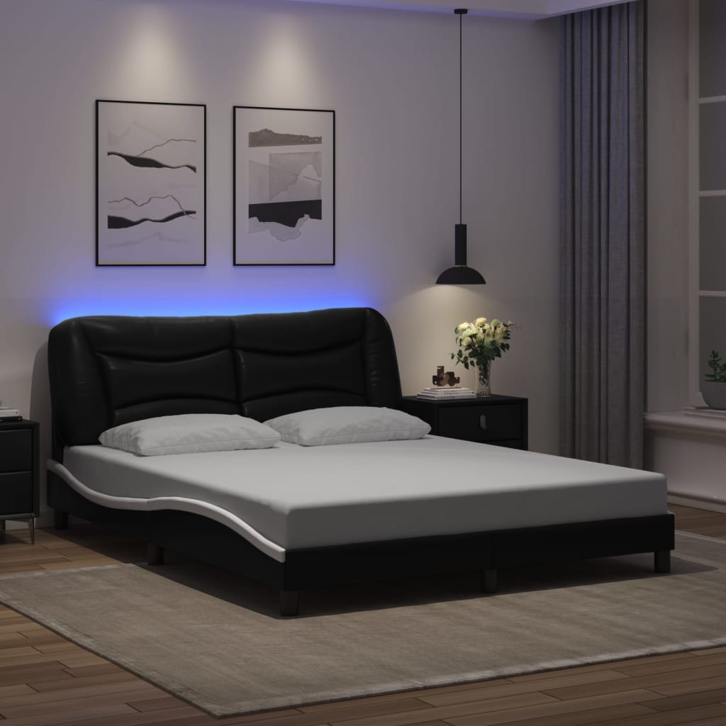 Bedframe met LED-verlichting kunstleer zwart en wit 160x200 cm is nu te koop bij PeponiXL, paradijselijk wonen!