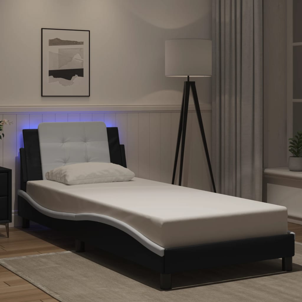 Bedframe met LED-verlichting kunstleer zwart en wit 80x200 cm is nu te koop bij PeponiXL, paradijselijk wonen!