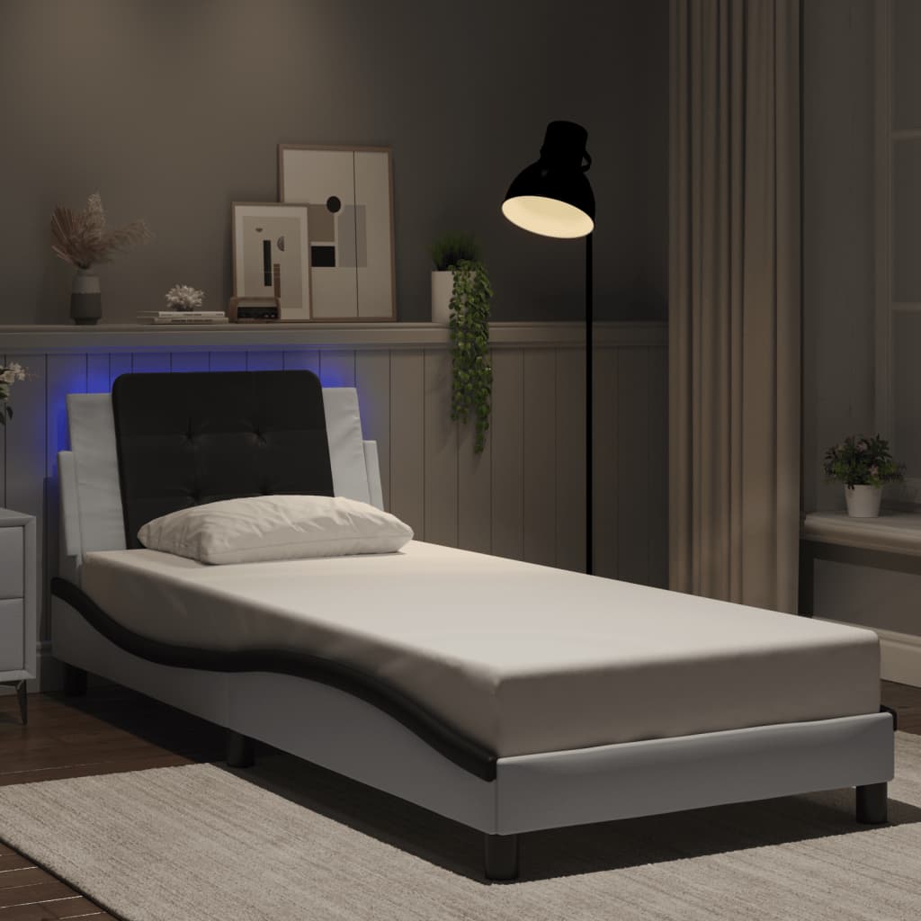 Bedframe met LED-verlichting kunstleer wit en zwart 100x200 cm is nu te koop bij PeponiXL, paradijselijk wonen!