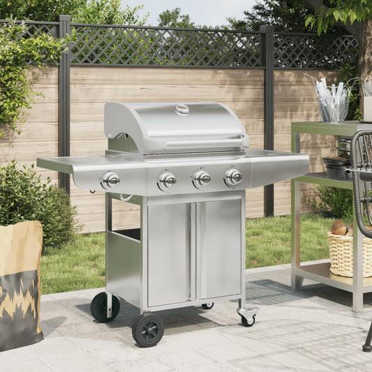 Gasbarbecue met 4 branders roestvrij staal zilverkleurig is nu te koop bij PeponiXL, paradijselijk wonen!