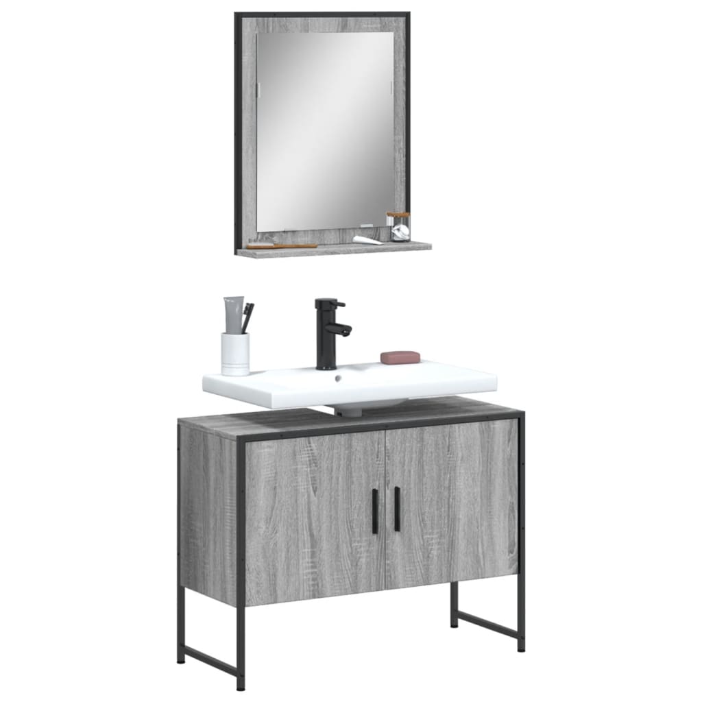 2-delige Badkamermeubelset bewerkt hout grijs sonoma eikenkleur is nu te koop bij PeponiXL, paradijselijk wonen!