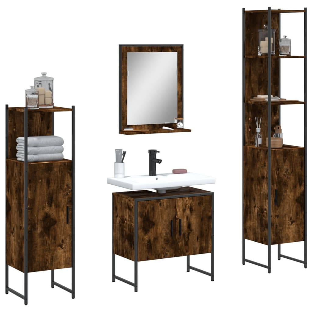 4-delige Badkamermeubelset bewerkt hout gerookt eikenkleurig is nu te koop bij PeponiXL, paradijselijk wonen!