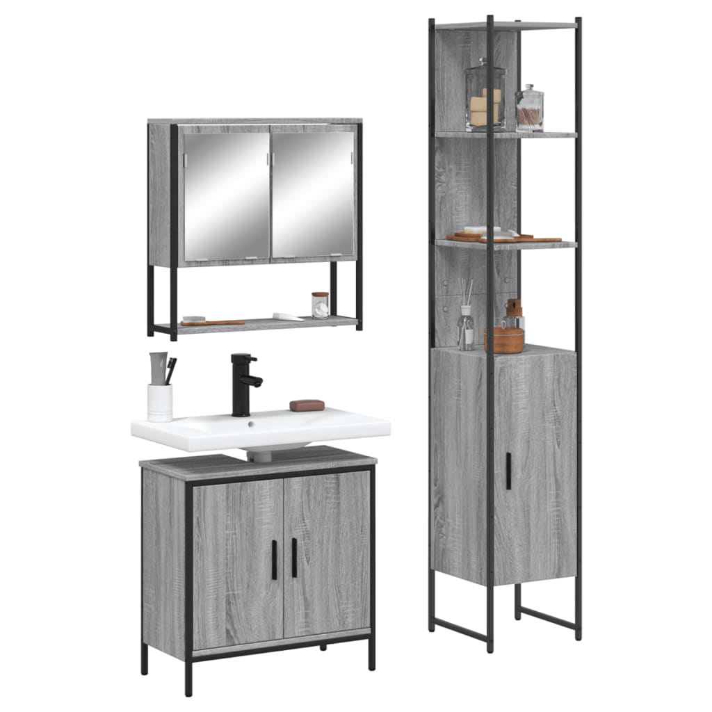 3-delige Badkamermeubelset bewerkt hout grijs sonoma eikenkleur is nu te koop bij PeponiXL, paradijselijk wonen!