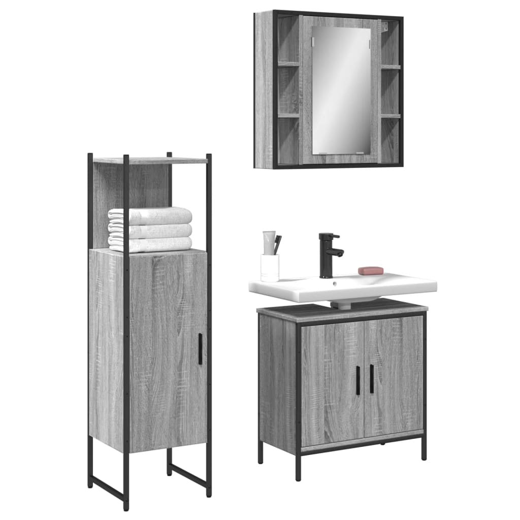 3-delige Badkamermeubelset bewerkt hout grijs sonoma eikenkleur is nu te koop bij PeponiXL, paradijselijk wonen!