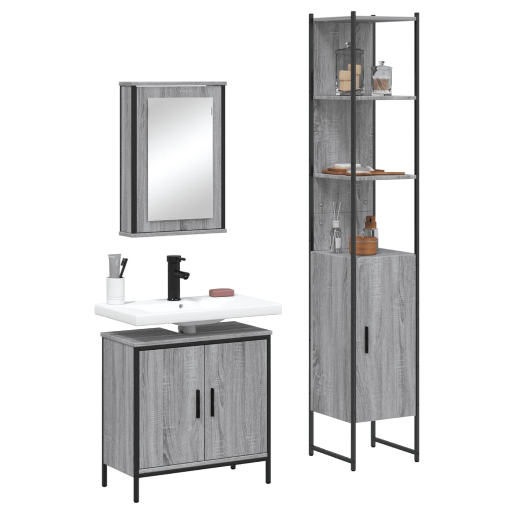3-delige Badkamermeubelset bewerkt hout grijs sonoma eikenkleur is nu te koop bij PeponiXL, paradijselijk wonen!