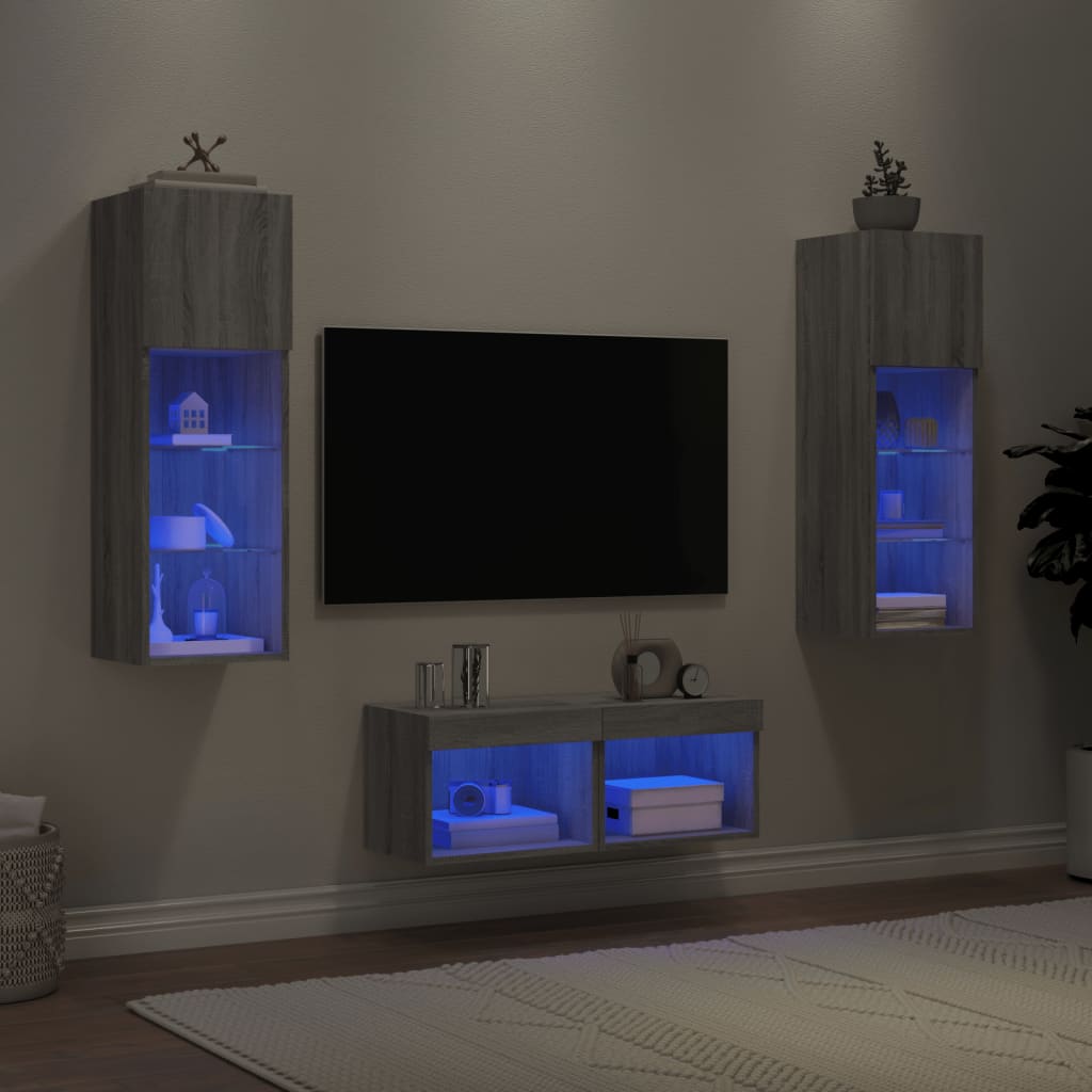 4-delige tv-wandmeubelset met LED-verlichting grijs sonoma is nu te koop bij PeponiXL, paradijselijk wonen!