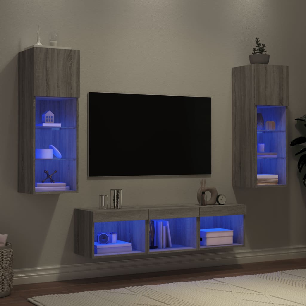 5-delige Tv-wandmeubelset met LED grijs sonoma eikenkleurig is nu te koop bij PeponiXL, paradijselijk wonen!