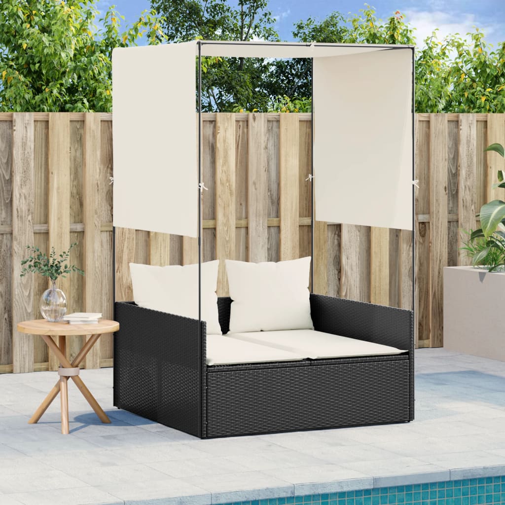 Ligbed tweepersoons met dak en gordijn poly rattan zwart is nu te koop bij PeponiXL, paradijselijk wonen!