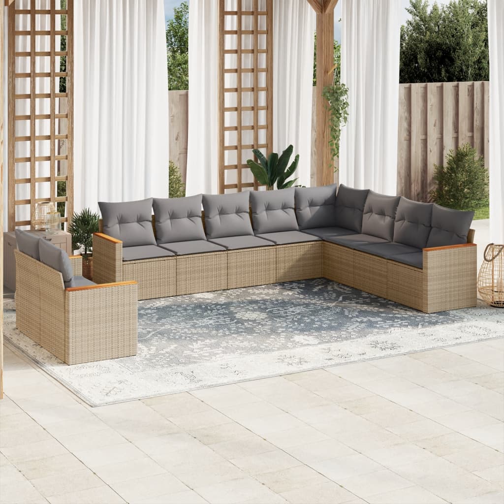 10-delige Loungeset met kussens poly rattan gemengd beige is nu te koop bij PeponiXL, paradijselijk wonen!