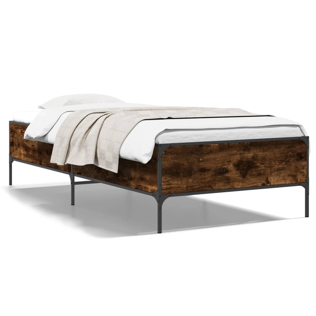 Bedframe bewerkt hout en metaal gerookt eikenkleurig 90x200 cm is nu te koop bij PeponiXL, paradijselijk wonen!