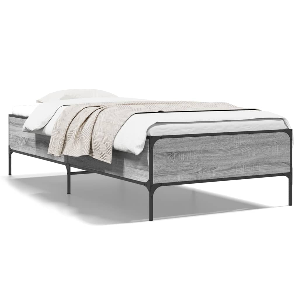Bedframe bewerkt hout en metaal grijs sonoma eiken 90x190 cm is nu te koop bij PeponiXL, paradijselijk wonen!