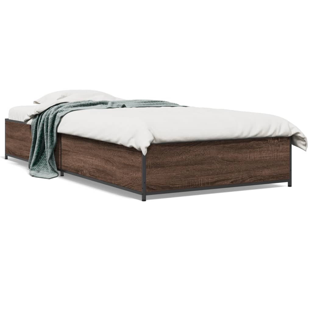 Bedframe bewerkt hout en metaal bruin eikenkleurig 100x200 cm is nu te koop bij PeponiXL, paradijselijk wonen!