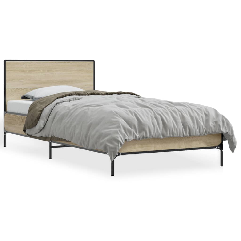 Bedframe bewerkt hout en metaal sonoma eikenkleurig 90x190 cm is nu te koop bij PeponiXL, paradijselijk wonen!
