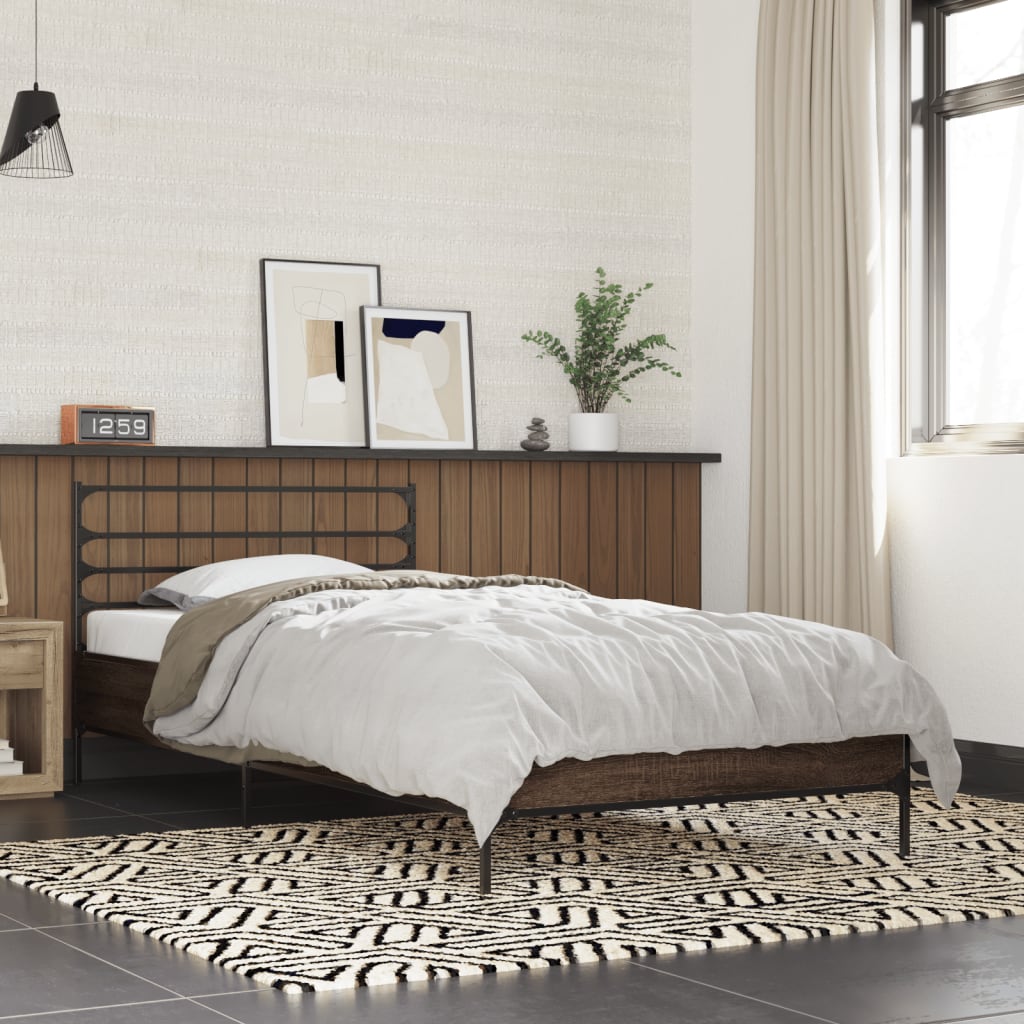Bedframe bewerkt hout en metaal bruin eikenkleurig 100x200 cm is nu te koop bij PeponiXL, paradijselijk wonen!