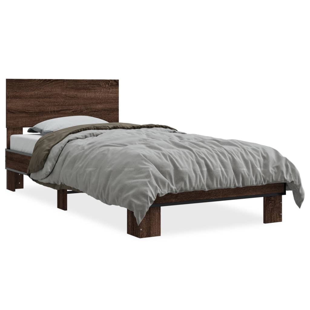 Bedframe bewerkt hout en metaal bruin eikenkleurig 75x190 cm is nu te koop bij PeponiXL, paradijselijk wonen!