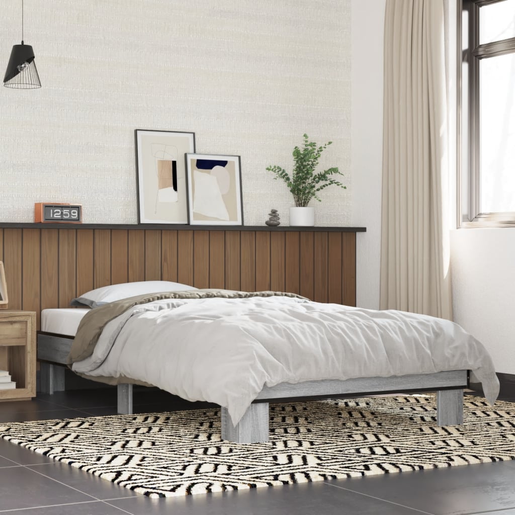 Bedframe bewerkt hout en metaal grijs sonoma eiken 100x200 cm is nu te koop bij PeponiXL, paradijselijk wonen!