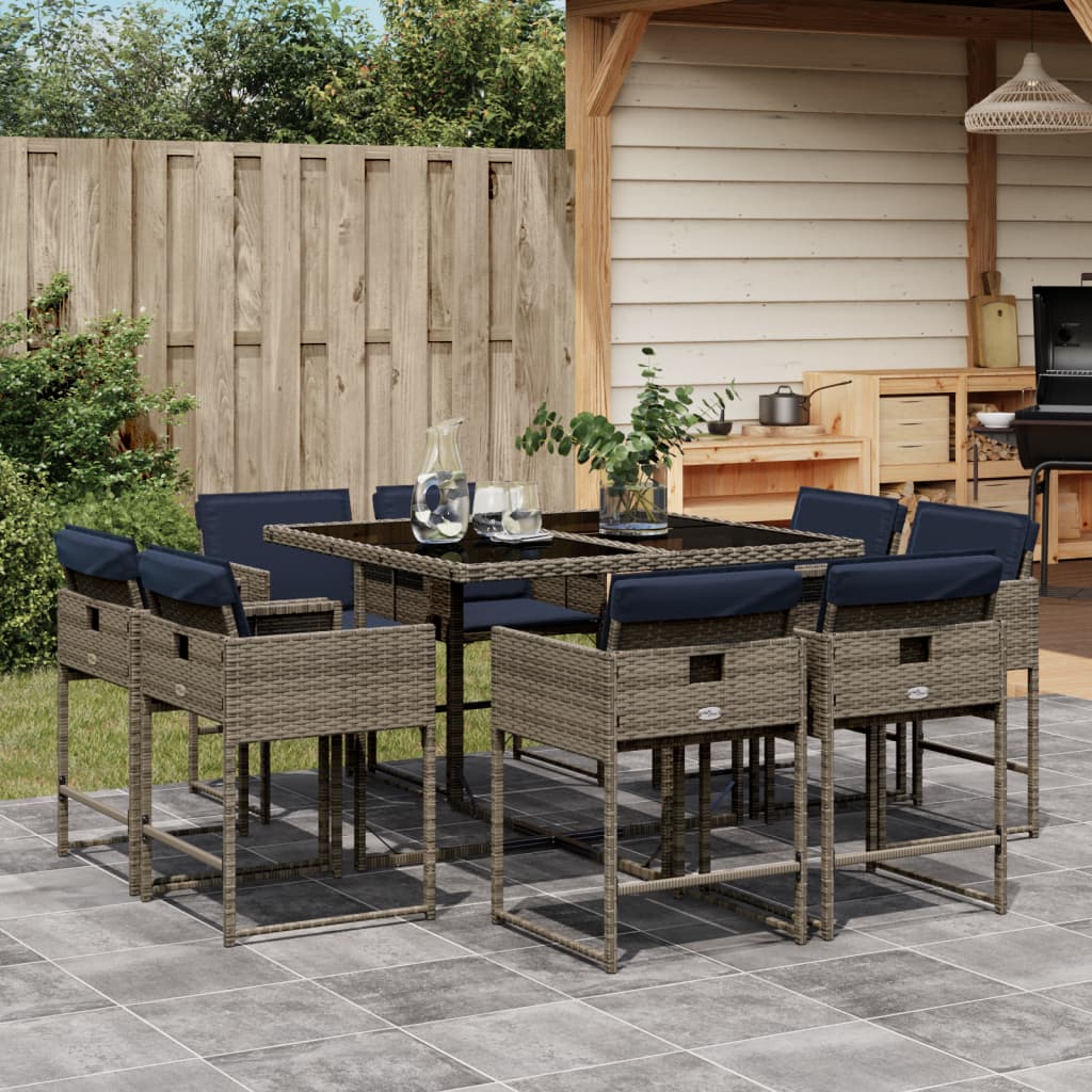 9-delige tuinset met kussens, grijs polyrotan is nu te koop bij PeponiXL, paradijselijk wonen!