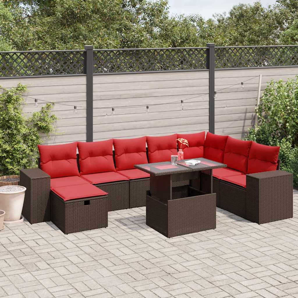 9-delige tuinbankset met kussens, bruin polyrotan is nu te koop bij PeponiXL, paradijselijk wonen!