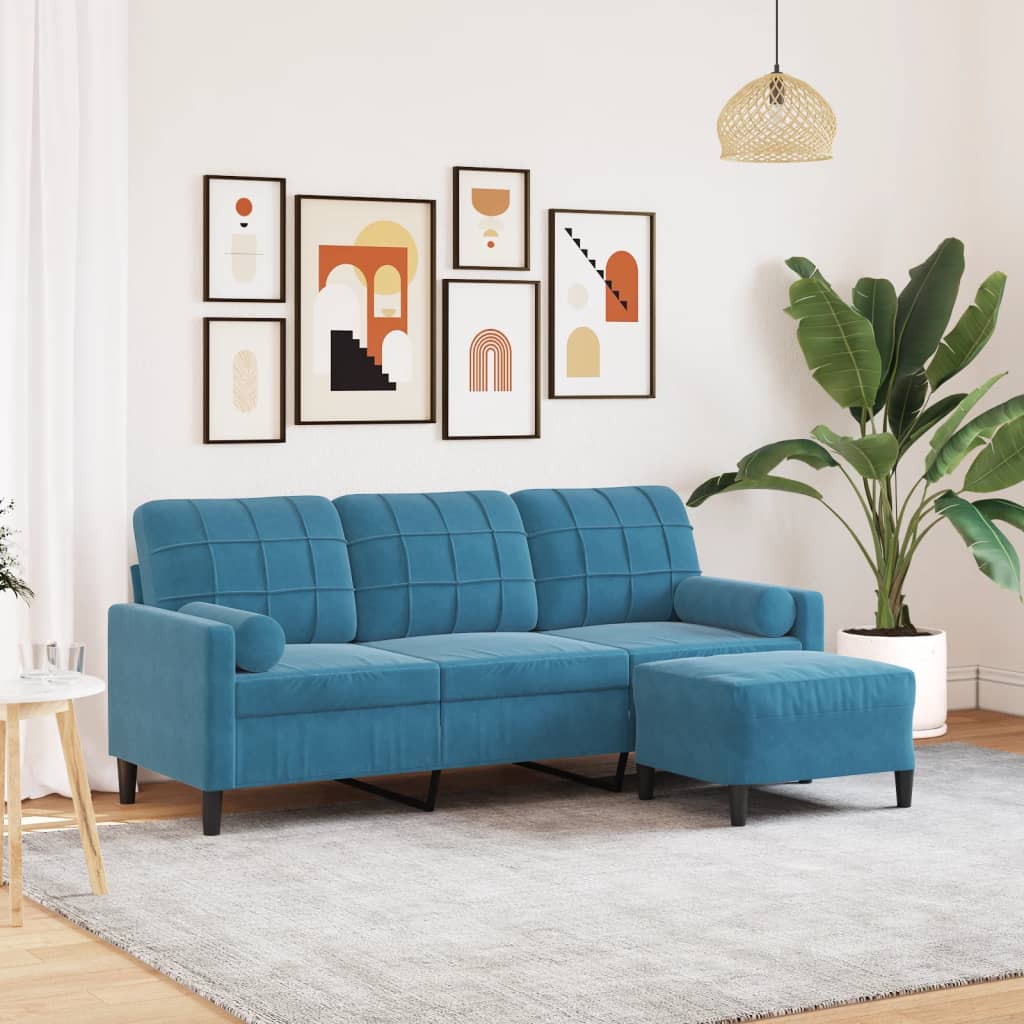 Driezitsbank met voetenbank 180 cm fluweel blauw is nu te koop bij PeponiXL, paradijselijk wonen!