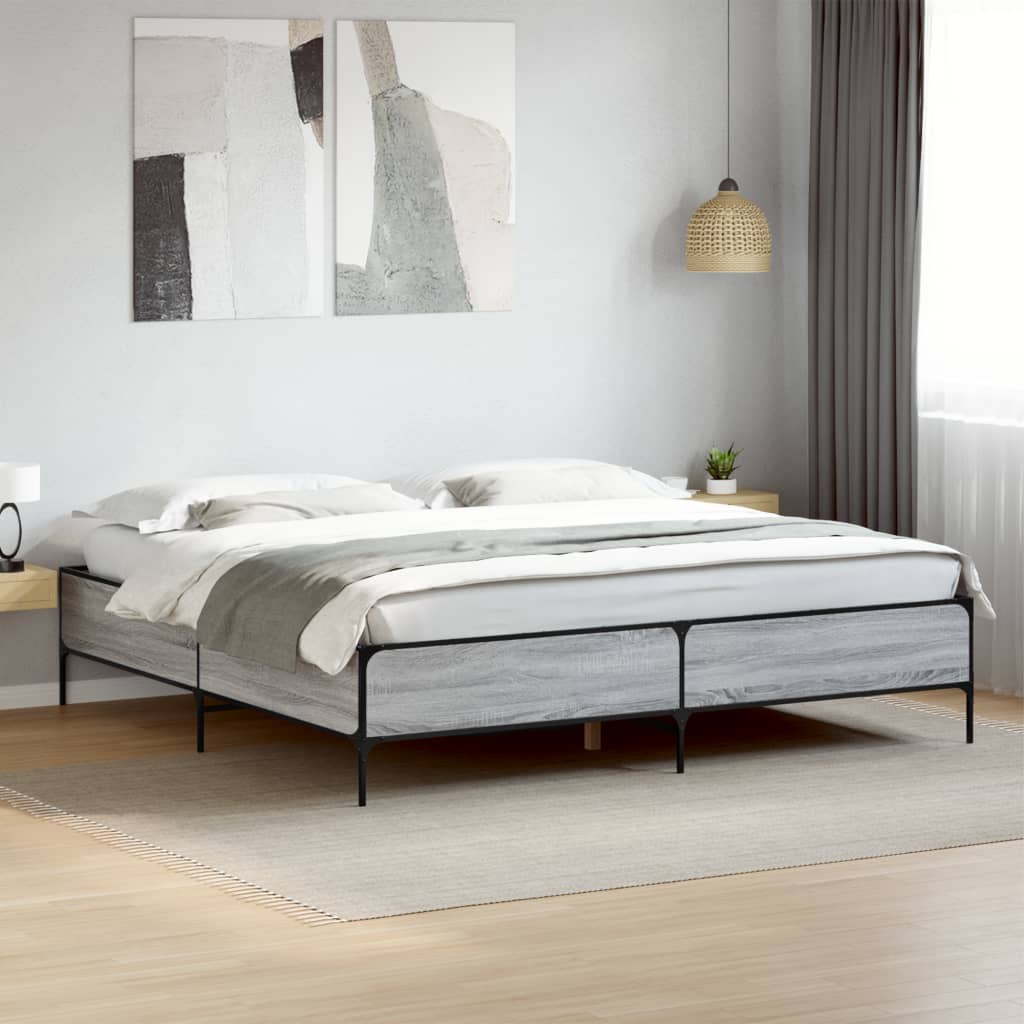 Bedframe bewerkt hout metaal grijs sonoma eiken 200x200 cm is nu te koop bij PeponiXL, paradijselijk wonen!