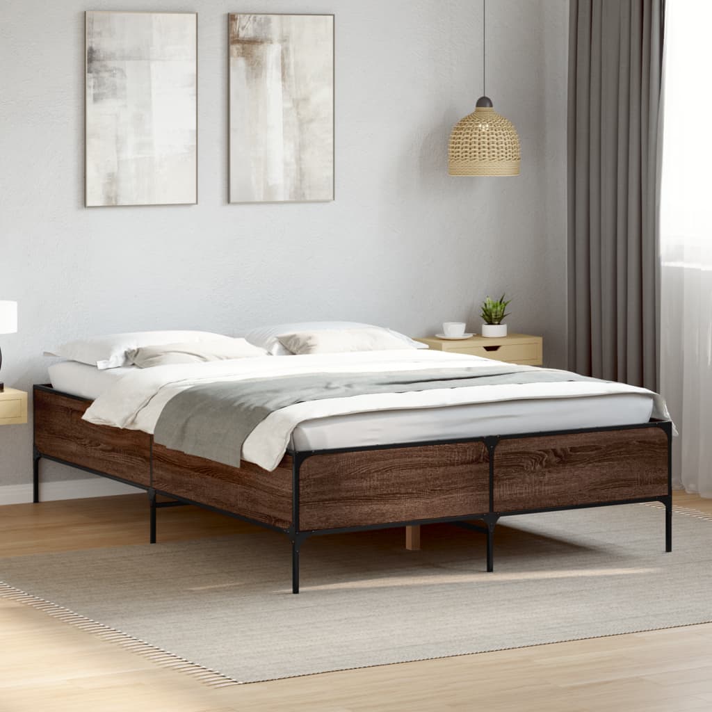 Bedframe bewerkt hout metaal bruin eikenkleur 140x200 cm is nu te koop bij PeponiXL, paradijselijk wonen!