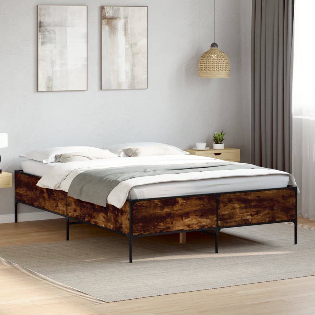 Bedframe bewerkt hout metaal gerookt eikenkleurig 120x200 cm is nu te koop bij PeponiXL, paradijselijk wonen!