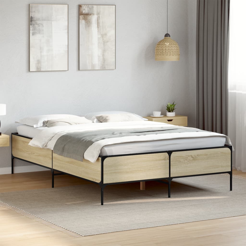 Bedframe bewerkt hout metaal sonoma eikenkleurig 90x190 cm is nu te koop bij PeponiXL, paradijselijk wonen!