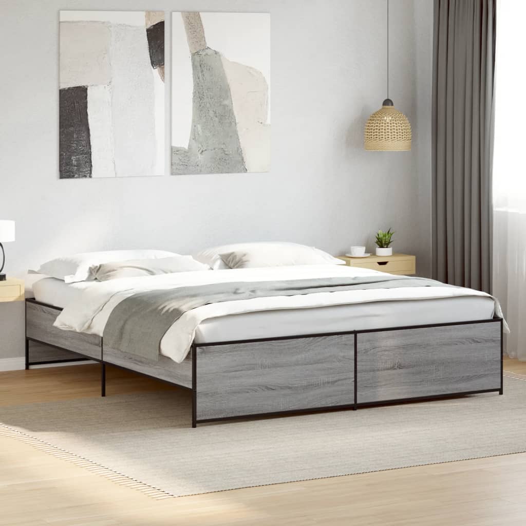 Bedframe bewerkt hout metaal grijs sonoma eiken 200x200 cm is nu te koop bij PeponiXL, paradijselijk wonen!