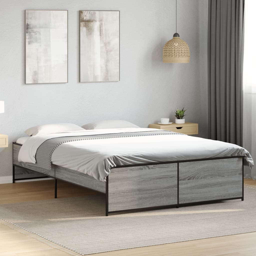Bedframe bewerkt hout metaal grijs sonoma eiken 135x190 cm is nu te koop bij PeponiXL, paradijselijk wonen!