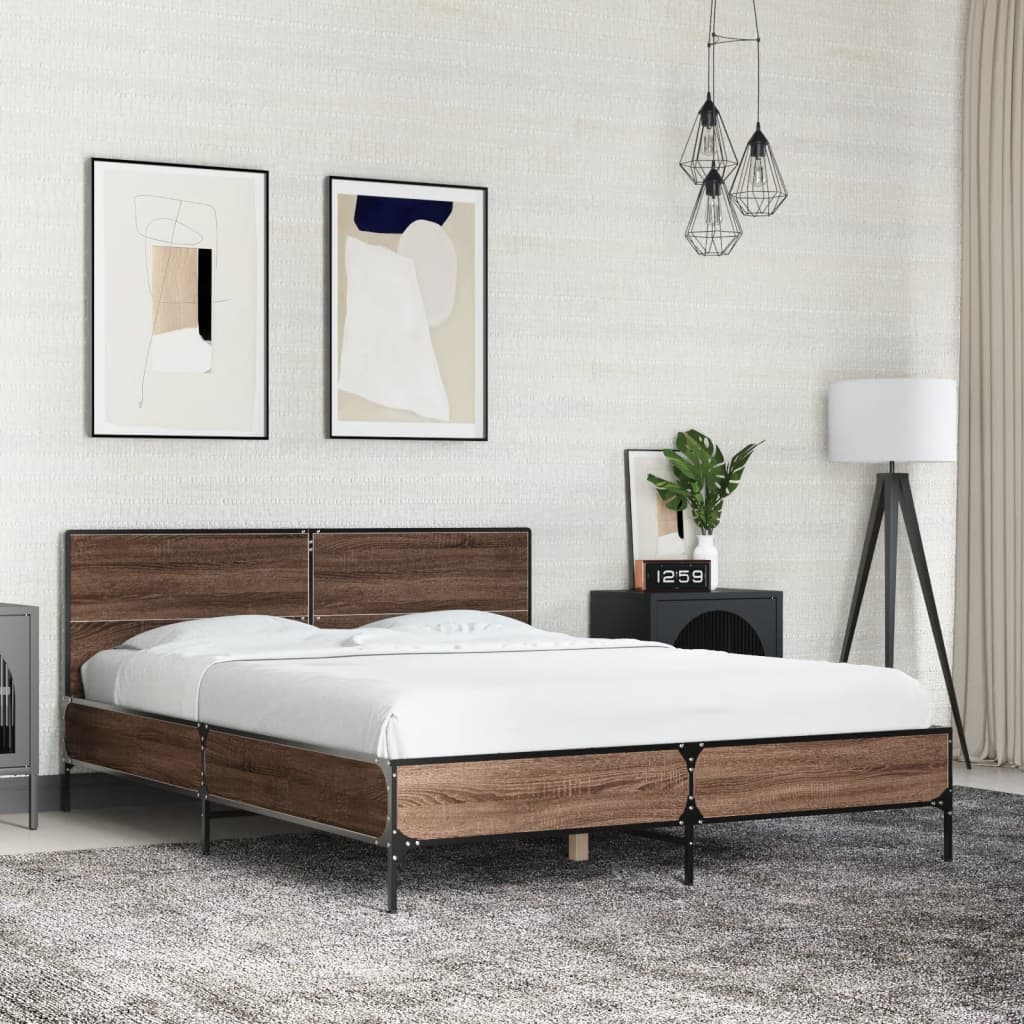 Bedframe bewerkt hout metaal bruin eikenkleur 120x200 cm is nu te koop bij PeponiXL, paradijselijk wonen!