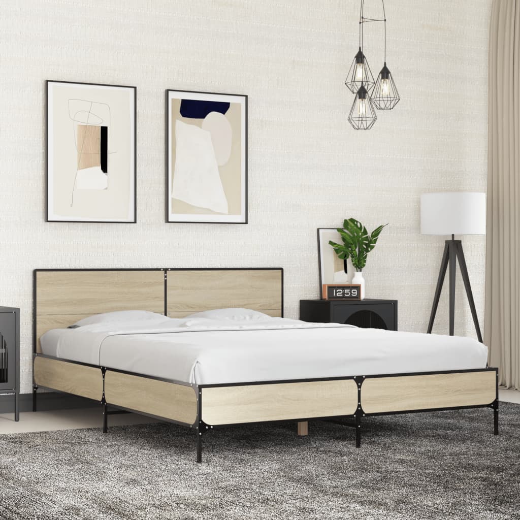 Bedframe bewerkt hout metaal sonoma eikenkleurig 160x200 cm is nu te koop bij PeponiXL, paradijselijk wonen!
