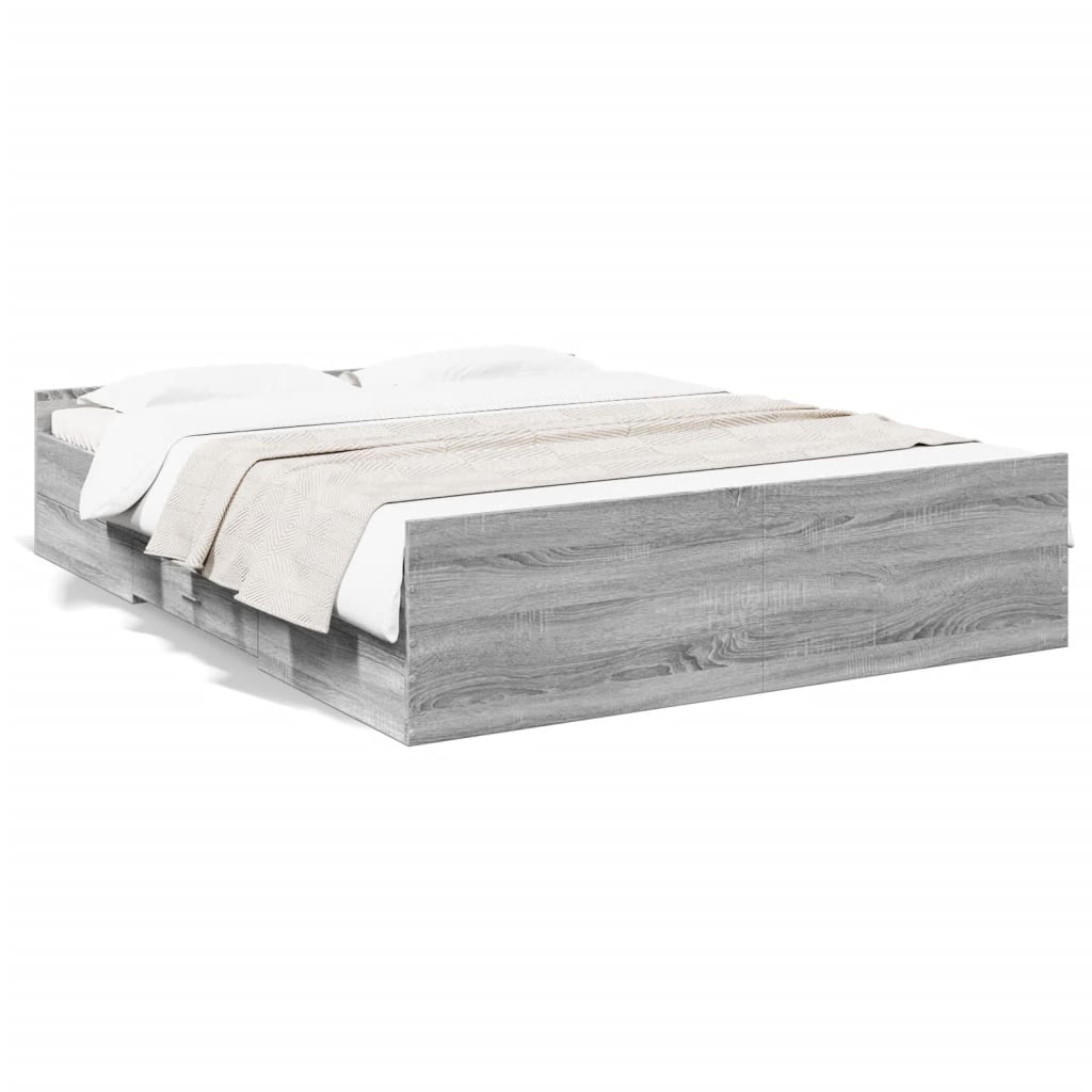 Bedframe met lades bewerkt hout grijs sonoma eiken 150x200 cm is nu te koop bij PeponiXL, paradijselijk wonen!