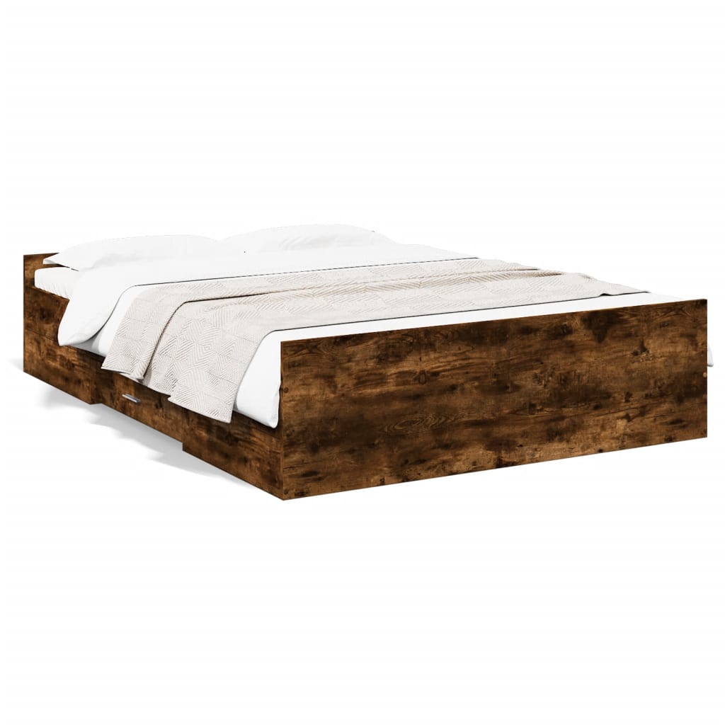 Bedframe met lades bewerkt hout gerookt eikenkleurig 135x190 cm is nu te koop bij PeponiXL, paradijselijk wonen!