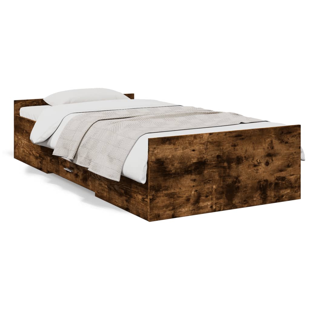 Bedframe met lades bewerkt hout gerookt eikenkleurig 90x190 cm is nu te koop bij PeponiXL, paradijselijk wonen!