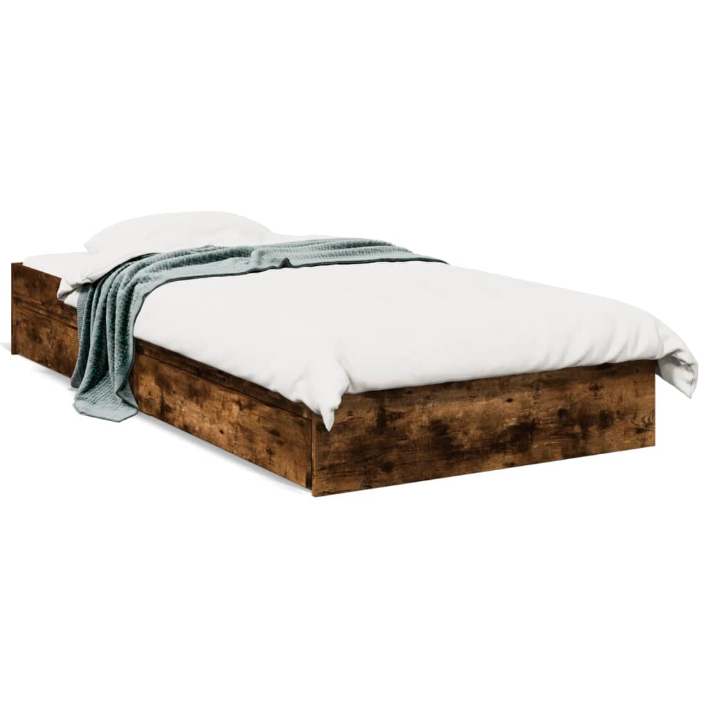 Bedframe met lades bewerkt hout gerookt eikenkleurig 100x200 cm is nu te koop bij PeponiXL, paradijselijk wonen!