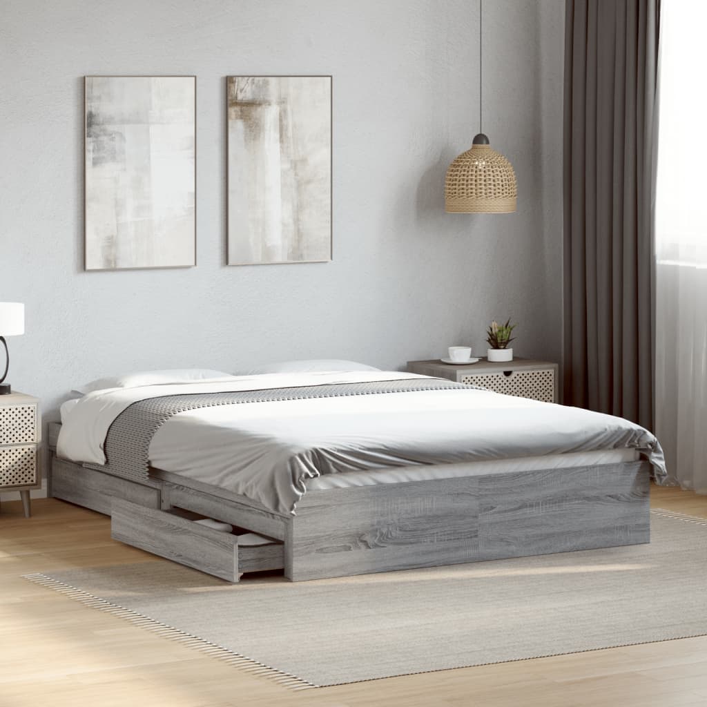 Bedframe met lades bewerkt hout grijs sonoma eiken 120x190 cm is nu te koop bij PeponiXL, paradijselijk wonen!