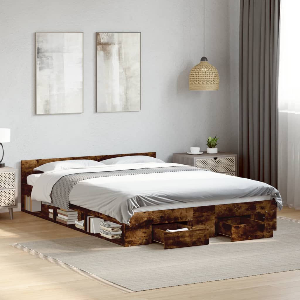 Bedframe met lades bewerkt hout gerookt eikenkleurig 160x200 cm is nu te koop bij PeponiXL, paradijselijk wonen!