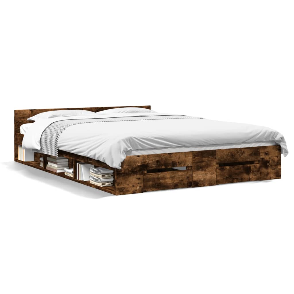 Bedframe met lades bewerkt hout gerookt eikenkleurig 120x200 cm is nu te koop bij PeponiXL, paradijselijk wonen!