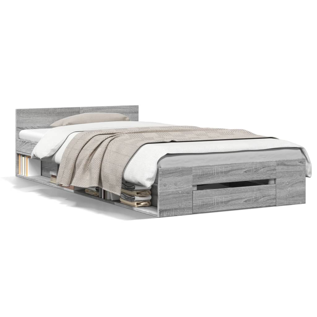 Bedframe met lade bewerkt hout grijs sonoma eiken 90x190 cm is nu te koop bij PeponiXL, paradijselijk wonen!