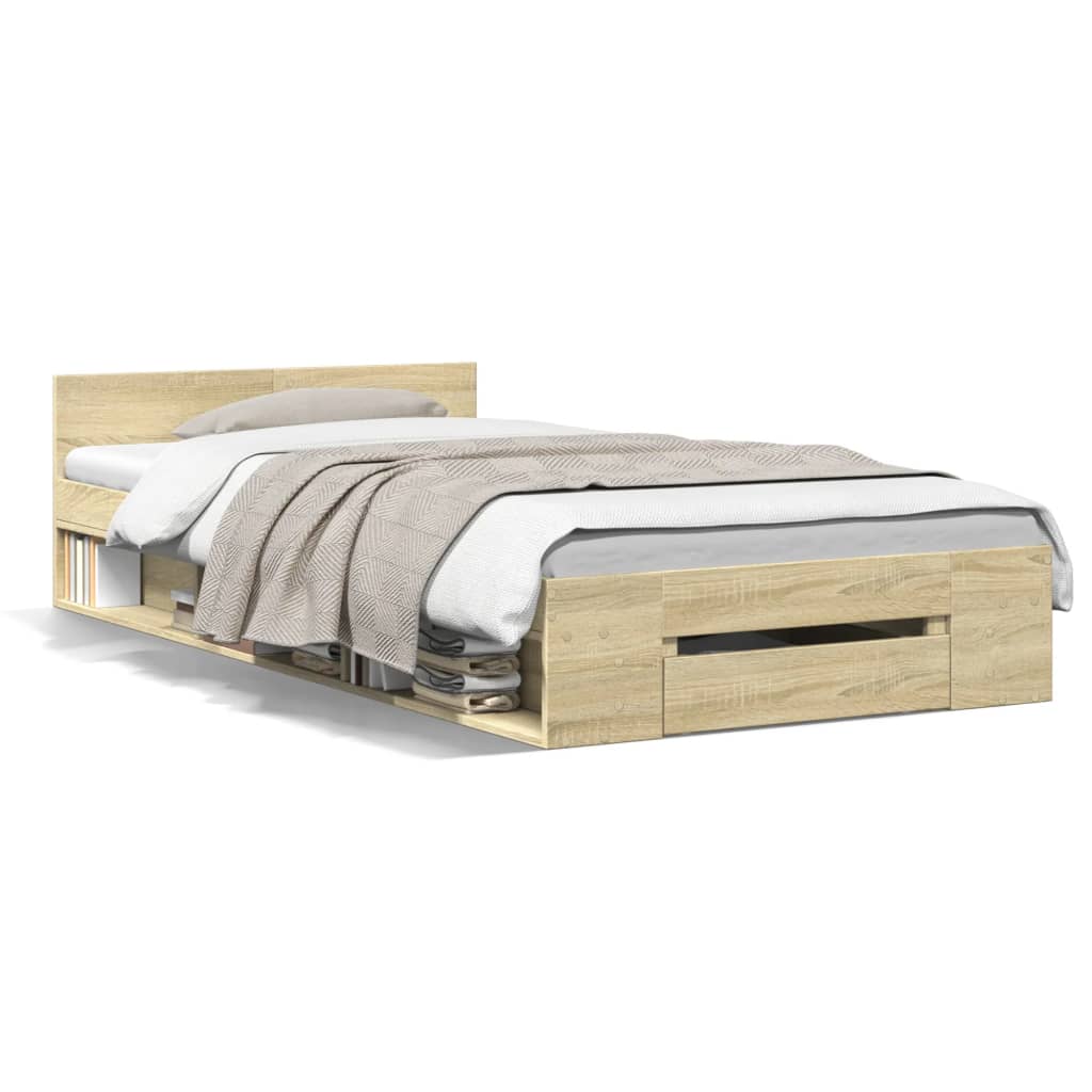 Bedframe met lade bewerkt hout sonoma eikenkleurig 90x200 cm is nu te koop bij PeponiXL, paradijselijk wonen!