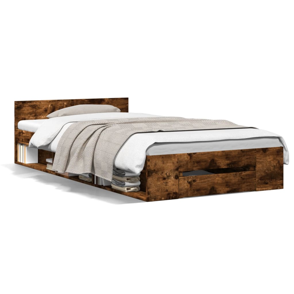 Bedframe met lade bewerkt hout gerookt eikenkleurig 75x190 cm is nu te koop bij PeponiXL, paradijselijk wonen!