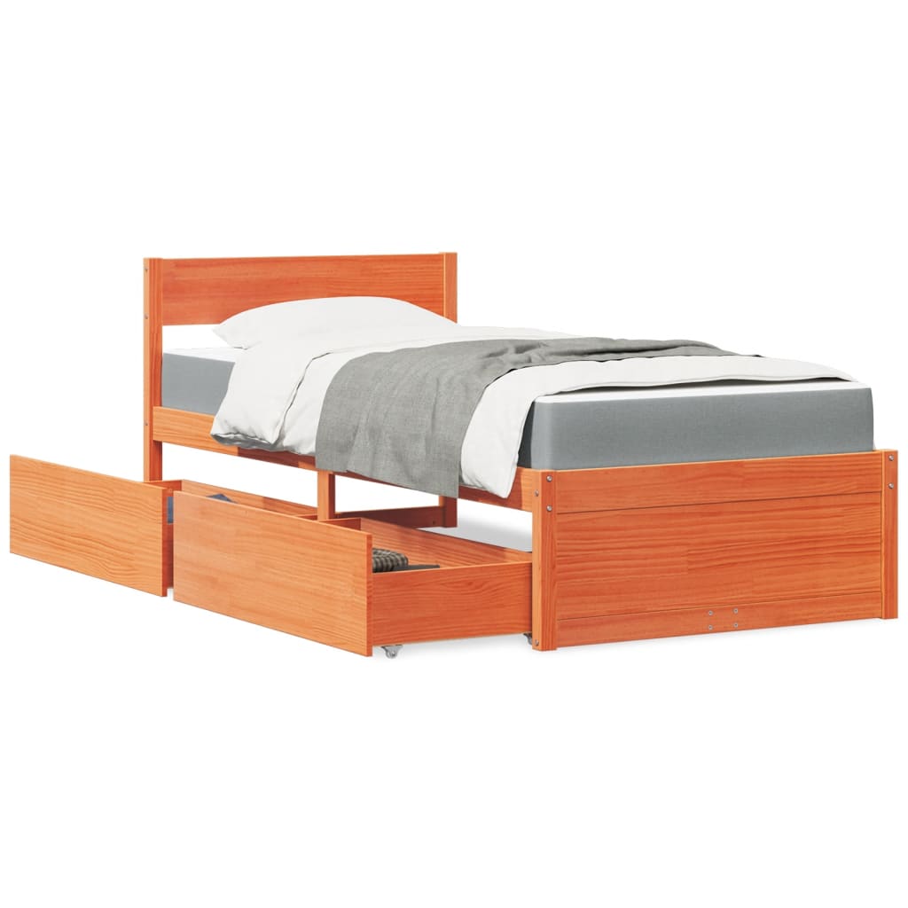Bed met lades en matras massief grenenhout wasbruin 90x200 cm is nu te koop bij PeponiXL, paradijselijk wonen!