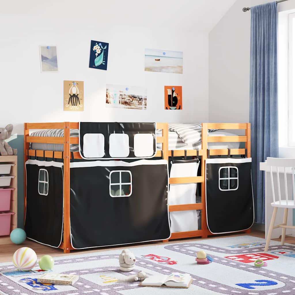 Stapelbed met gordijnen 90x190 cm grenenhout wit en zwart is nu te koop bij PeponiXL, paradijselijk wonen!