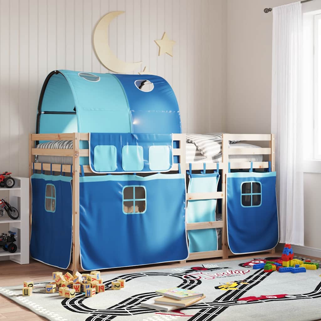 Stapelbed met gordijnen 90x190 cm massief grenenhout blauw is nu te koop bij PeponiXL, paradijselijk wonen!