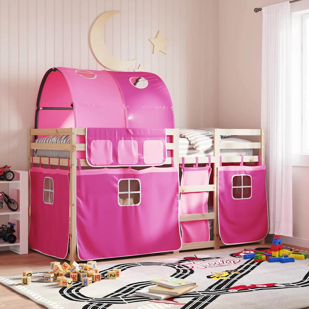 Stapelbed met gordijnen 90x190 cm grenenhout roze is nu te koop bij PeponiXL, paradijselijk wonen!