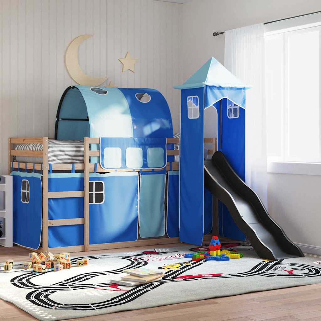 Stapelbed met glijbaan en gordijnen blauw 80x200 cm is nu te koop bij PeponiXL, paradijselijk wonen!