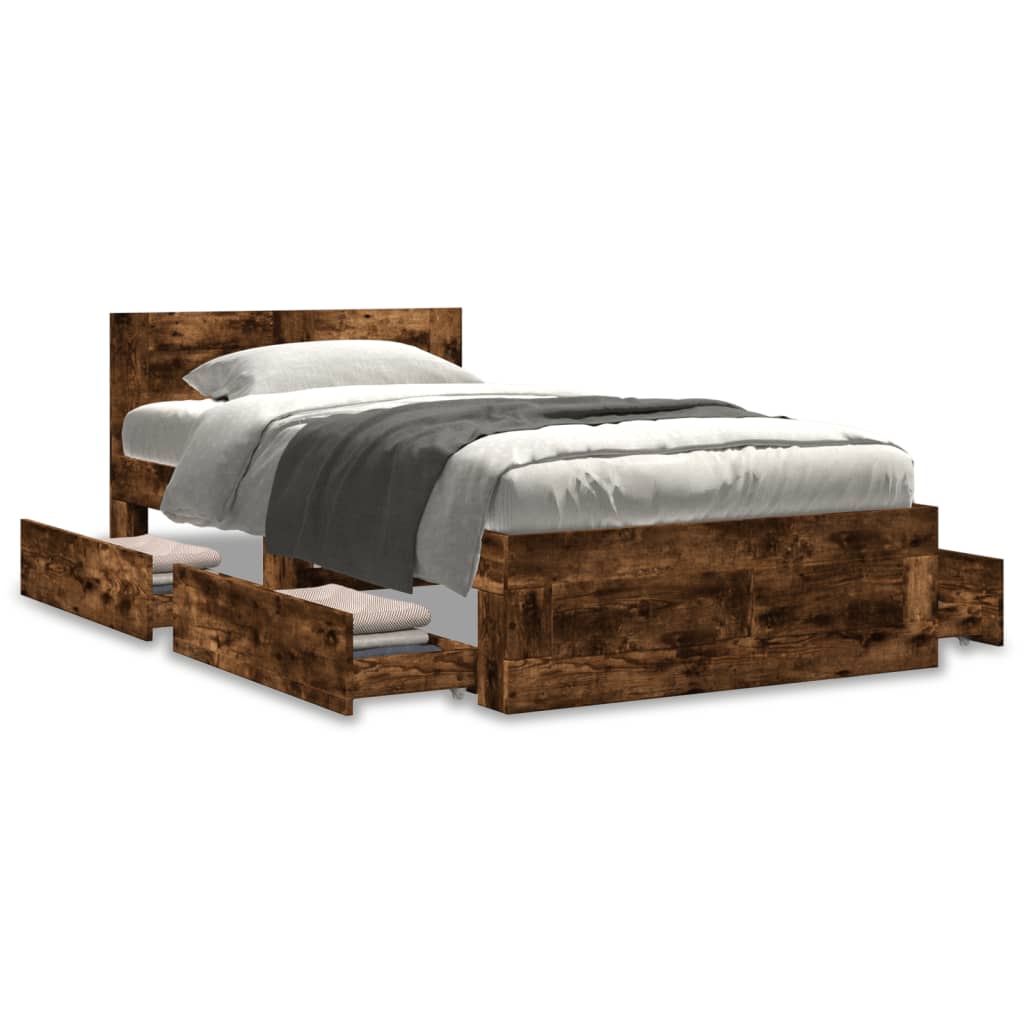Bedframe met hoofdbord bewerkt hout gerookt eiken 75x190 cm is nu te koop bij PeponiXL, paradijselijk wonen!