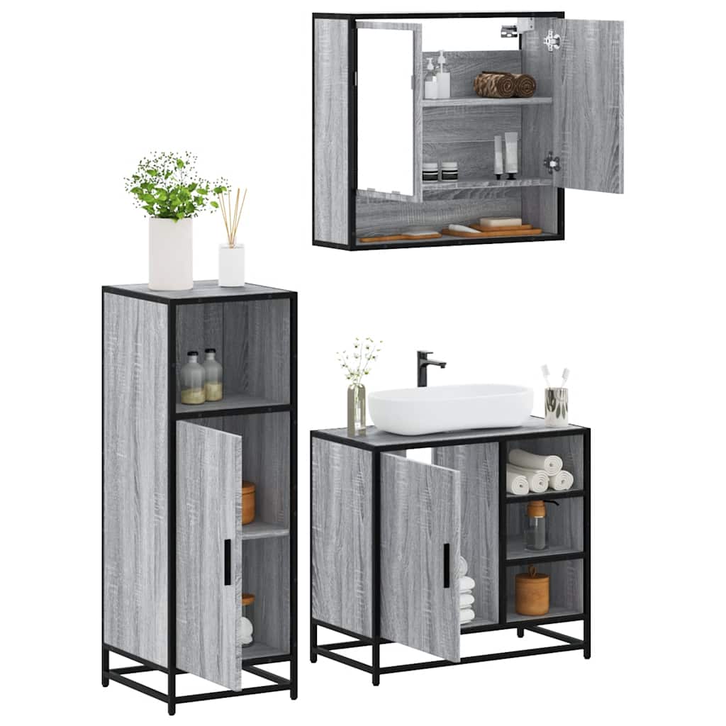 3-delige Badkamermeubelset bewerkt hout grijs sonoma eikenkleur is nu te koop bij PeponiXL, paradijselijk wonen!