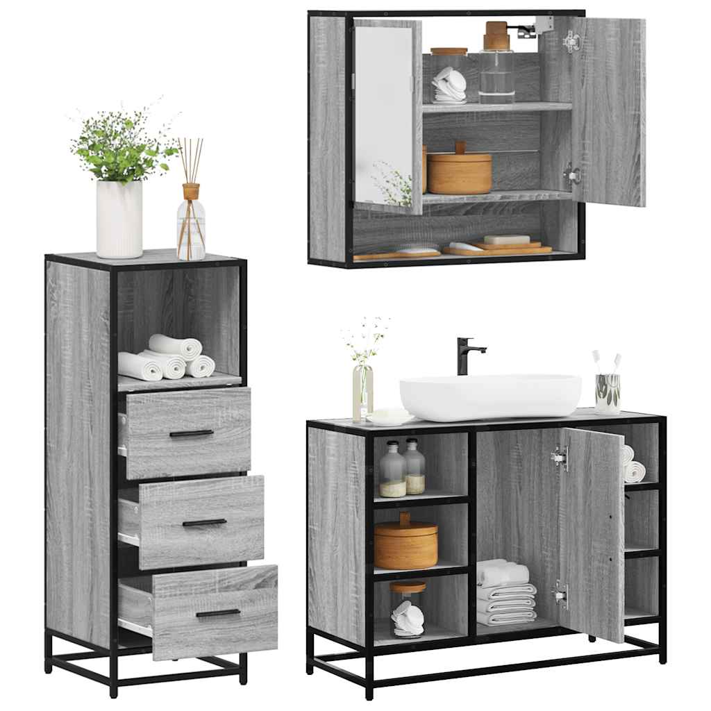 3-delige Badkamermeubelset bewerkt hout grijs sonoma eikenkleur is nu te koop bij PeponiXL, paradijselijk wonen!